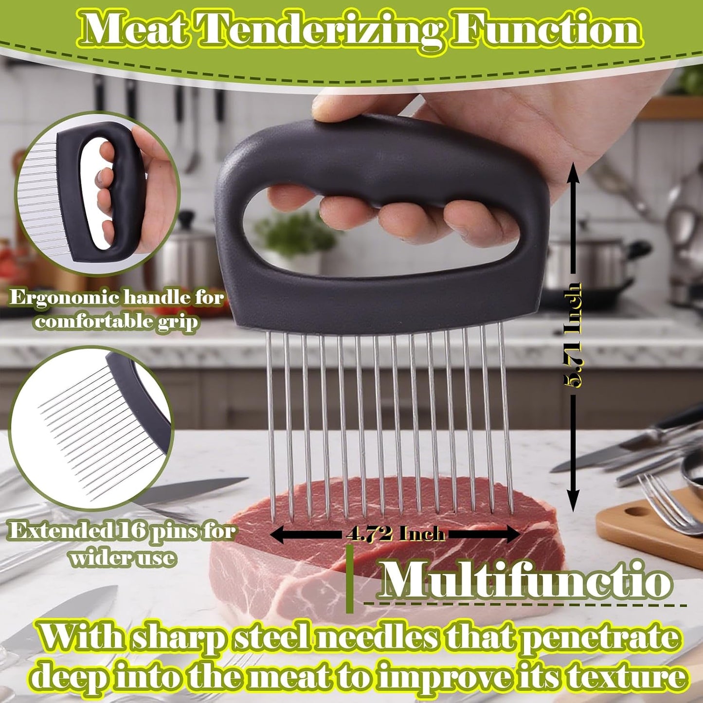 FANTEXY Onion Holder for Slicing - Onion Slicer and Meat Tenderizer Extra Large 16-Prong 304 Stainless Steel, Vegetable Chopper for Potatoes, Tomatoes Slicer Tool for Lemons,Avocados,Carrot
