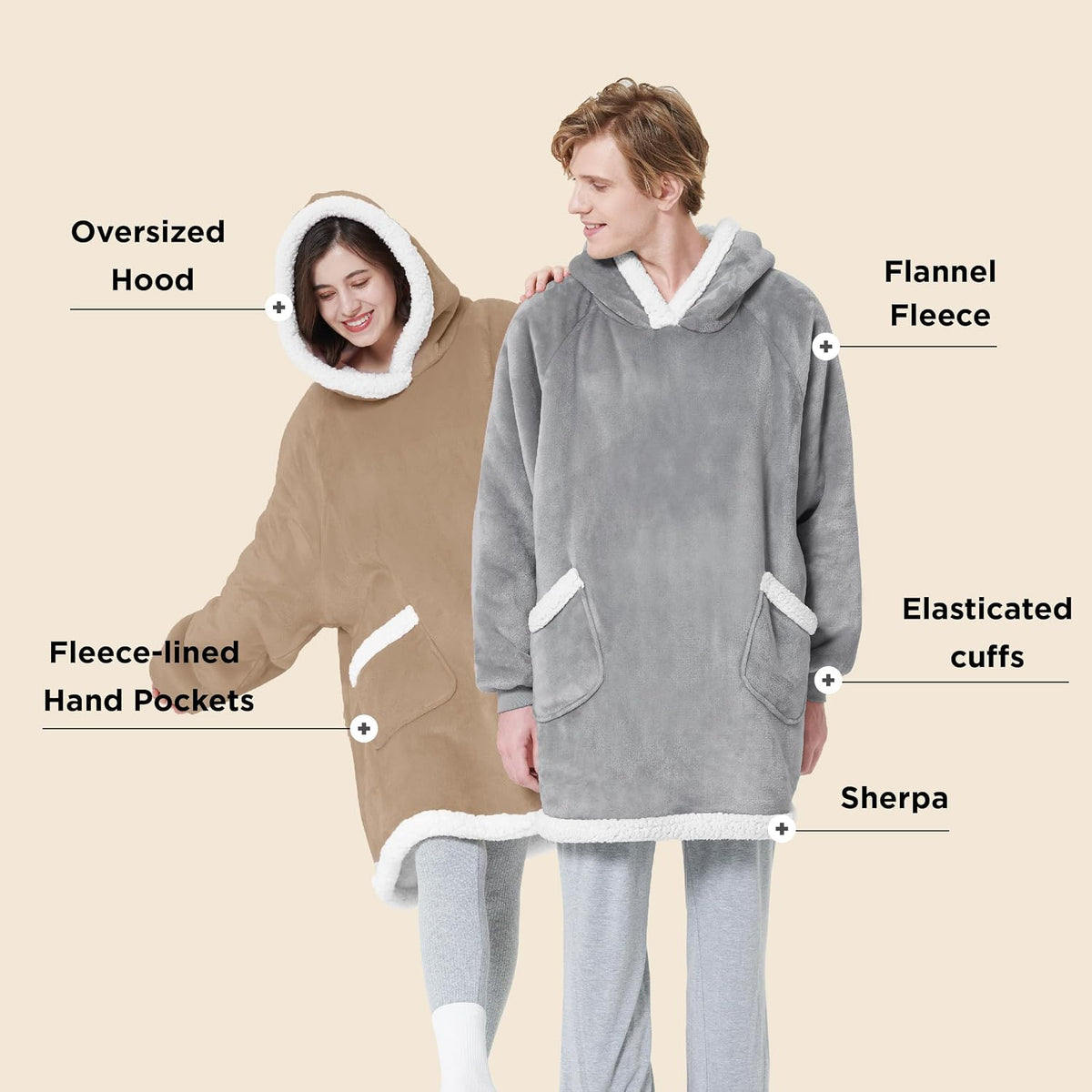 Bedsure Wearable Blanket Sherpa Hoodie Gifts, Sweatshirt, Grey, Standard