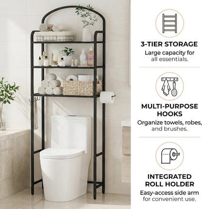3 Tier Over The Toilet Storage Rack, Bathroom Organizer | Toilet Storage with 4 Hooks & Paper Holder, Space-Saving, Freestanding Bathroom Shelf, Metal, White