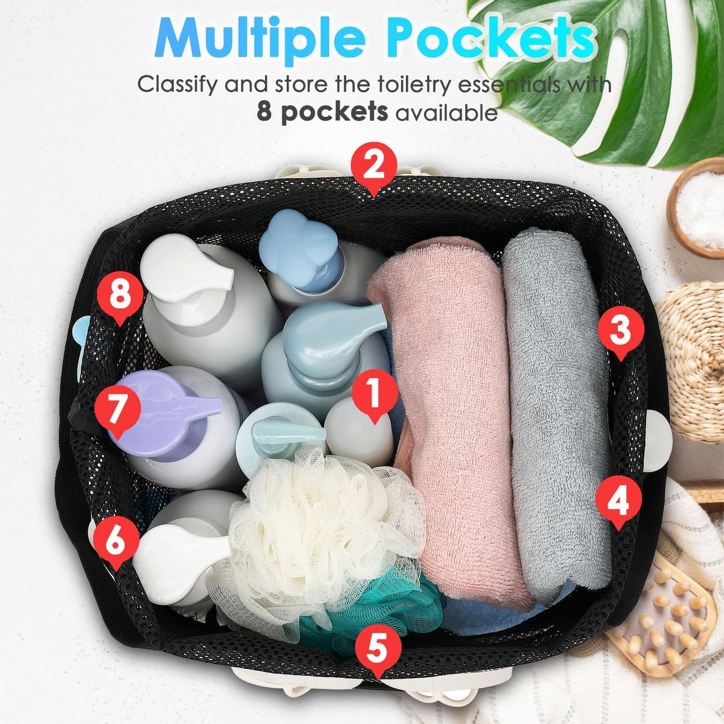 Fammart Mesh Shower Caddy Portable with Drawstring, Dorm Room Essentials for College Girls Guys, 8-Pocket Extra Large Shower Bag Basket Tote for Camping Beach Gym Travel Toiletry Bathroom