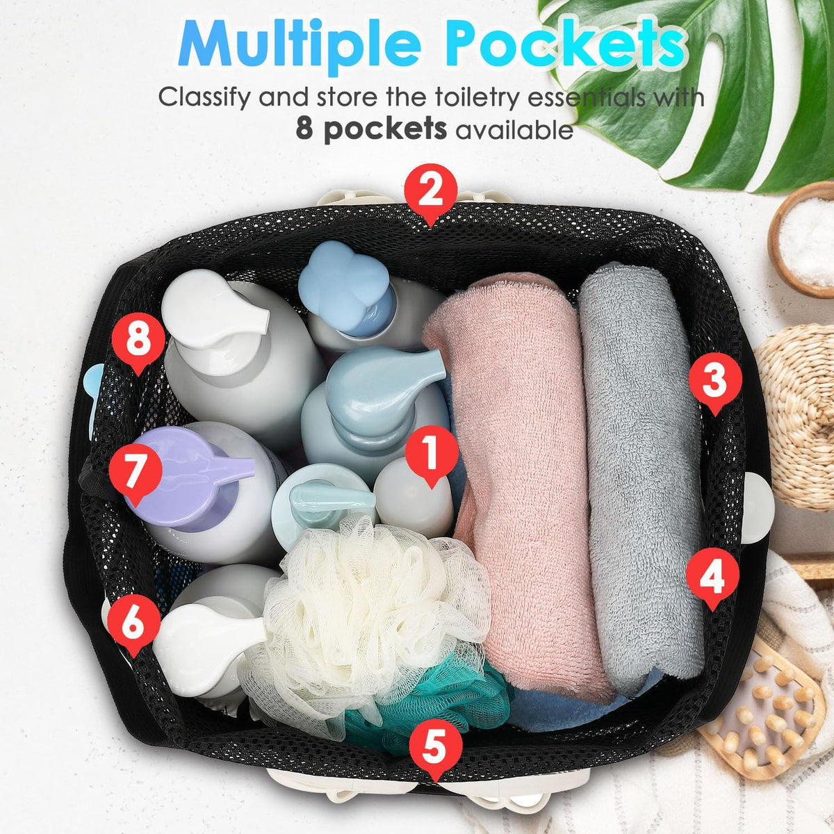 Fammart Mesh Shower Caddy Portable with Drawstring, Dorm Room Essentials for College Girls Guys, 8-Pocket Extra Large Shower Bag Basket Tote for Camping Beach Gym Travel Toiletry Bathroom