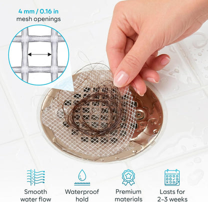 Disposable Shower Drain Hair Catcher, 35 Pack - Self-Adhesive Mesh Drain Cover Stickers for Bathroom Tub & Shower - Anti-Clog Hair Trap Filter - Easy to Peel & Toss