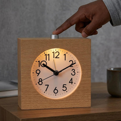 Wooden Analog Alarm Clock Silent Battery Operated with Night Light