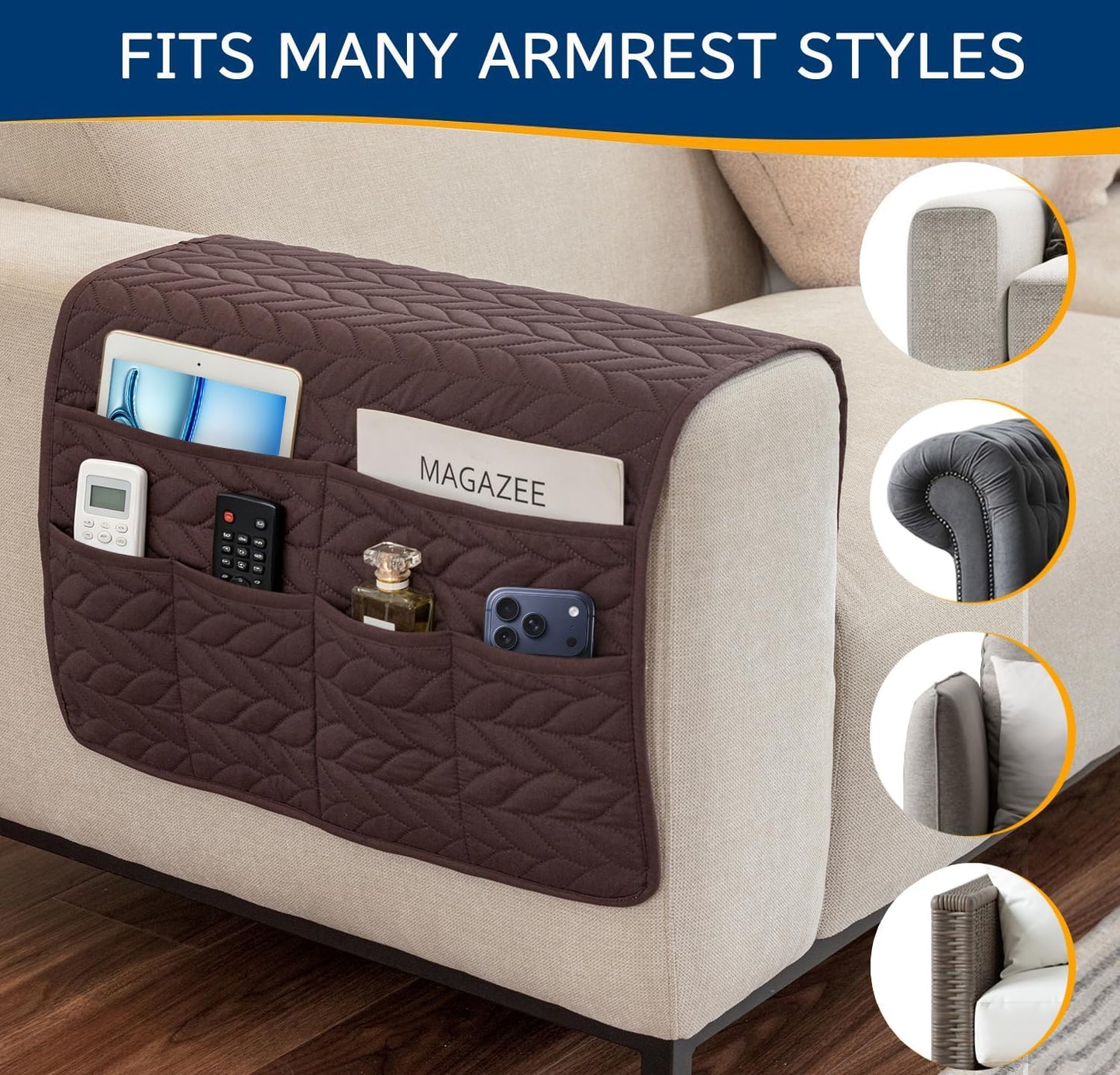 Remote Control Holder for Armchair, Couch Caddy Organizer TV Remote Holder for Recliner Couch With 6 Pockets, Non-Slip Arm Chair Caddy Bedside Table Organizer for Magazine, Tablet, Phone, iPad (Grey)