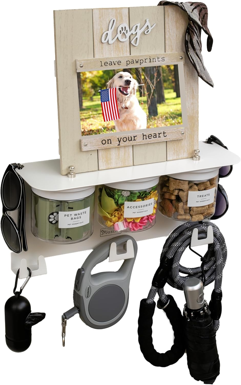Dog Leash Holder for Wall with Shelf — Wall Mounted Dog Treat Holder & Station, 2 Airtight 32oz Treat Containers, 9 Hooks, Patented Lidless Slide-to-Seal Jars, Solid Steel, Made in USA
