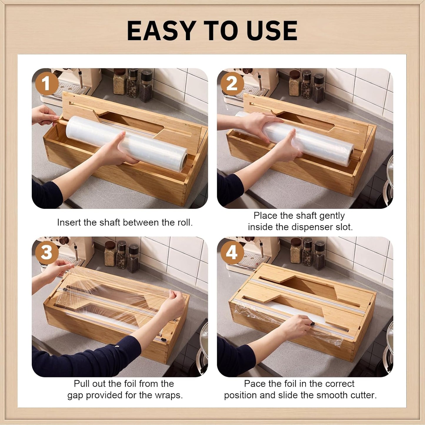 Wesiti 18 Inch Large Plastic Wrap Organizer & Dispenser with Cutter 2 in 1 Aluminum Foil Wrap Butcher Parchment Paper Dispenser Bamboo Wall Mount Tin Wax Cling Organizer for Kitchen Countertop