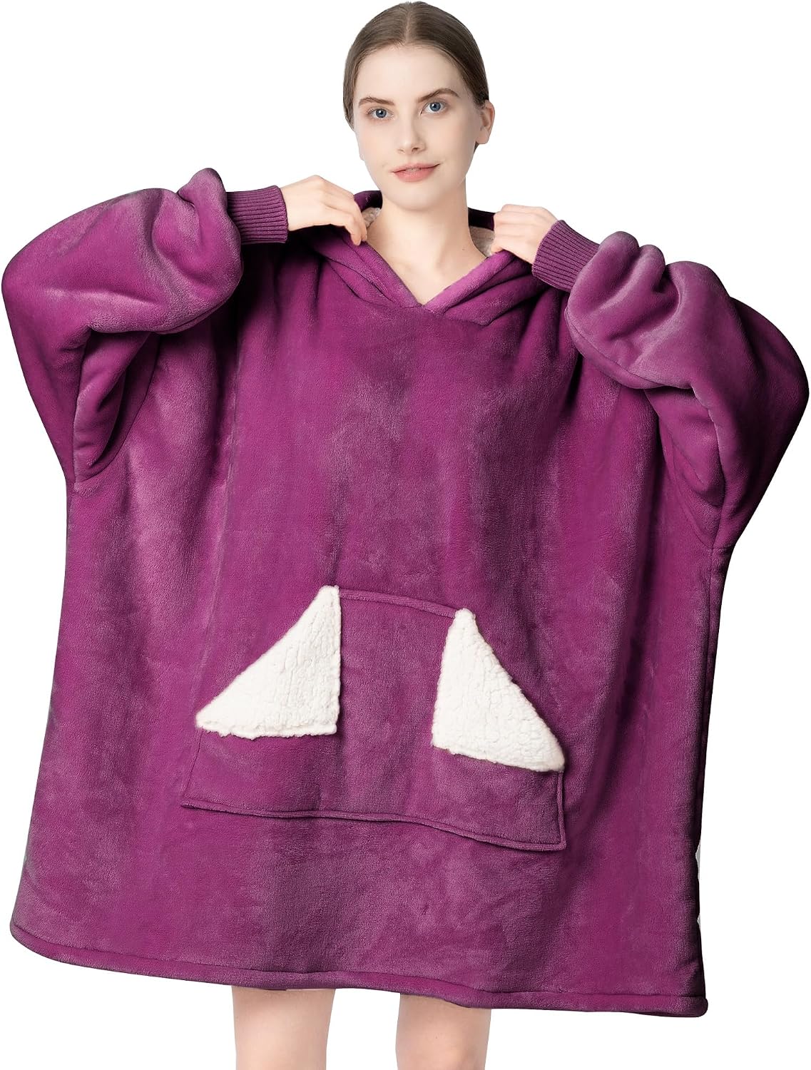 Wearable Blanket Hoodie, Oversized Sherpa Fleece Sweatshirt Blanket with Giant Hood Pocket and Sleeves for Adult, Warm & Cozy Grey Blanket Gifts for Women
