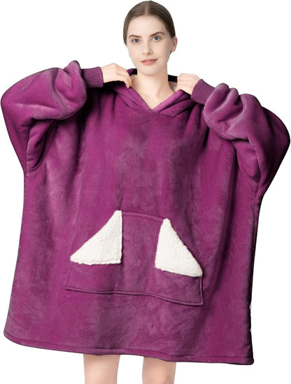 Wearable Blanket Hoodie, Oversized Sherpa Fleece Sweatshirt Blanket with Giant Hood Pocket and Sleeves for Adult, Warm & Cozy Grey Blanket Gifts for Women