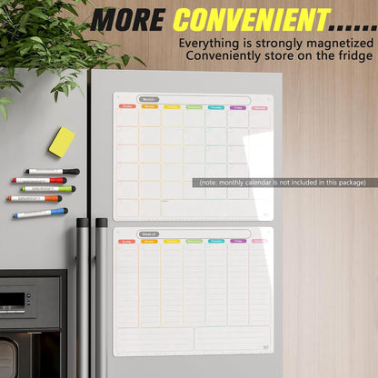 Magnetic Calendar for Fridge, Dry Erase Weekly Planner, 13" x 16.9" | Strong Magnetic Hold, Vertical Weekly Layout, Large Daily Spaces, Easy to Clean, Color-Coded, Dual-Magnet Markers & Eraser