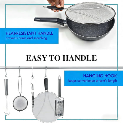 Stainless Steel Splatter Guard Fine Mesh For Pots Frying Pans(15in) | Rust-proof metal mesh blocks oil splashes while venting steam, heat-insulated grip, dishwasher safe, hangable flat storage