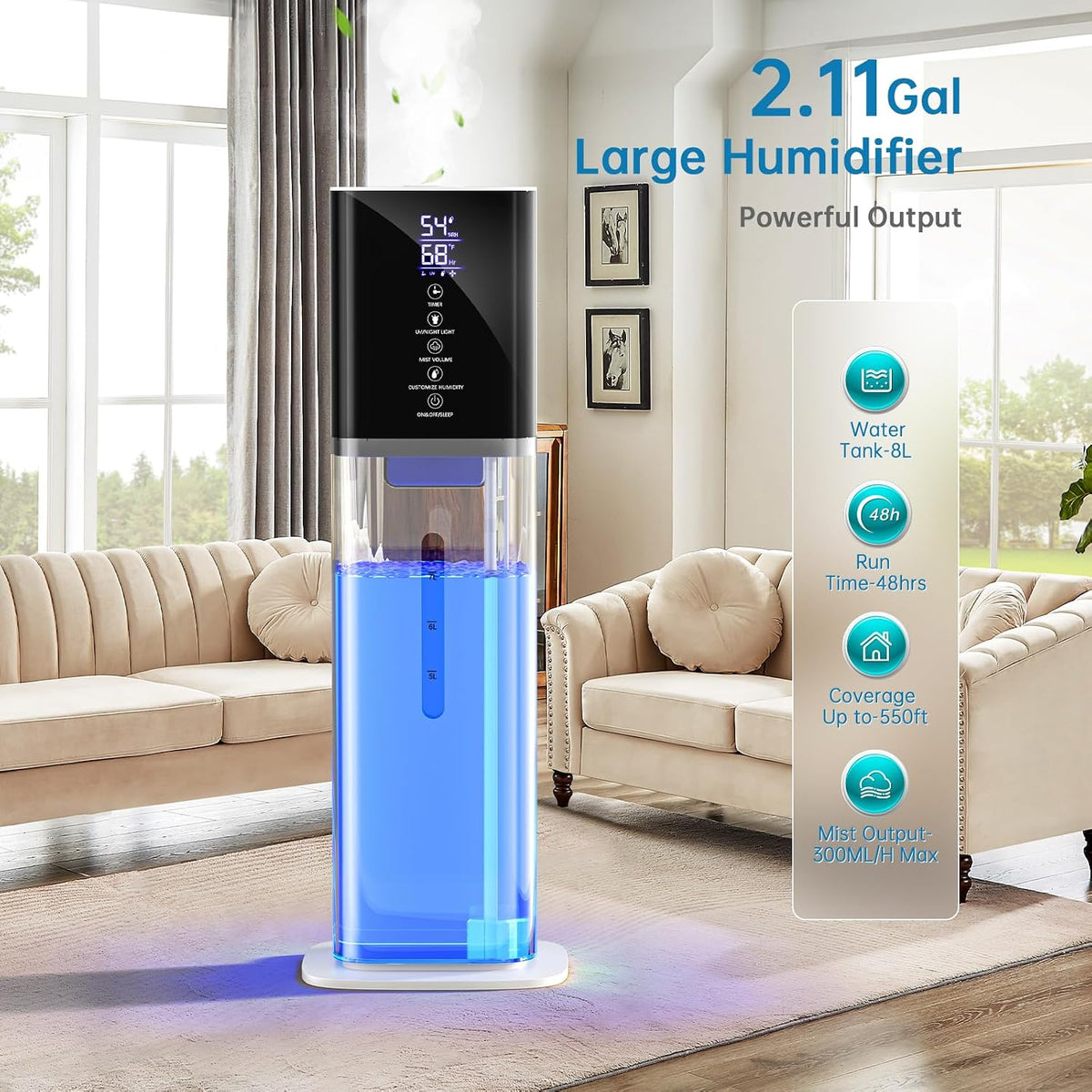 Humidifier Large Room Bedroom, 8L/2.1Gal Top Fill Cool Mist Humidifiers with Humidistat, 3-Speeds, 48H Runtime, Quiet Sleep Mode, Night Light, 12H Timer, 360° Nozzle & Aroma Diffuser for Baby, Plants