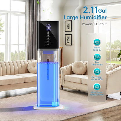 Humidifier Large Room Bedroom, 8L/2.1Gal Top Fill Cool Mist Humidifiers with Humidistat, 3-Speeds, 48H Runtime, Quiet Sleep Mode, Night Light, 12H Timer, 360° Nozzle & Aroma Diffuser for Baby, Plants