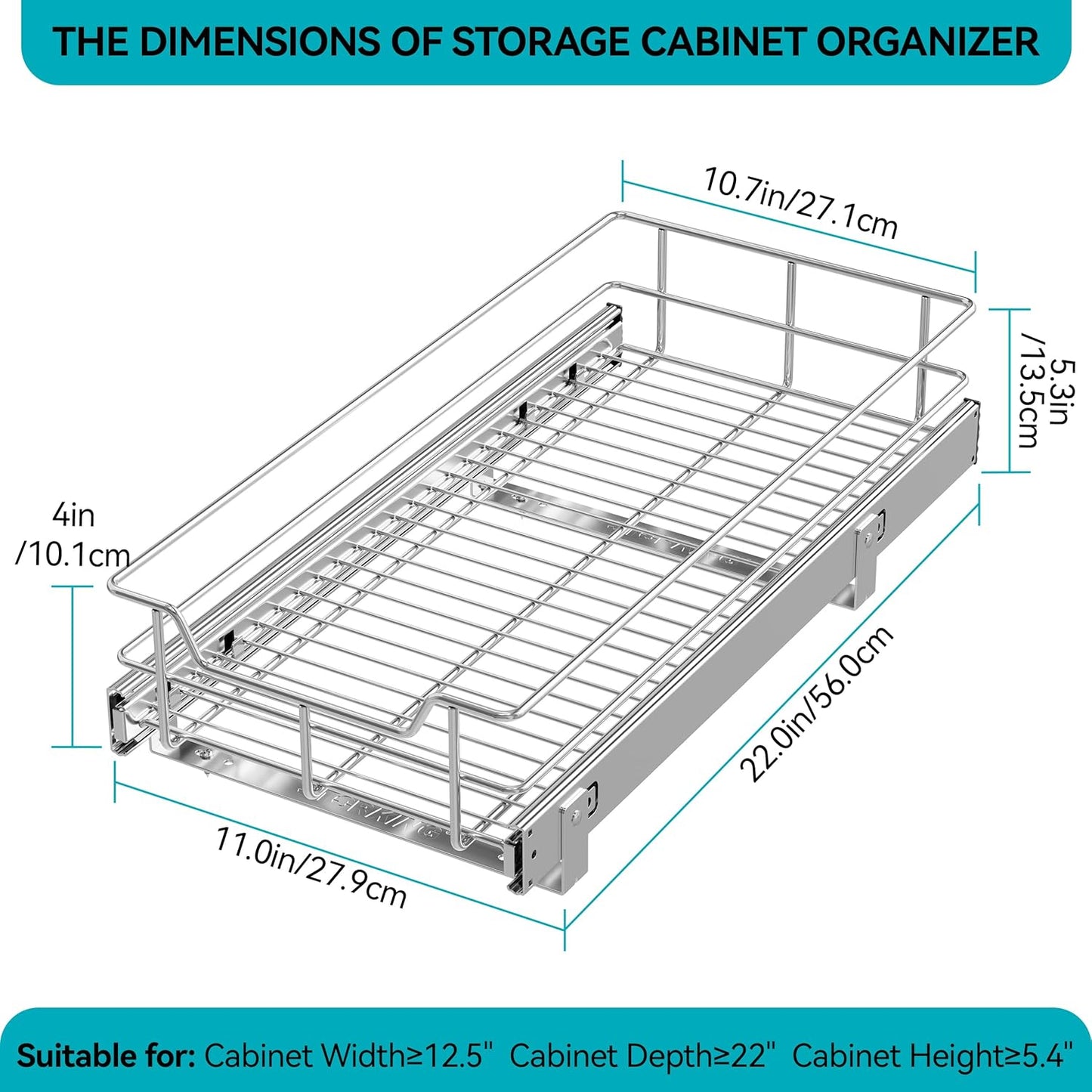 Pull Out Cabinet Organizer 15" W X 22" D, Chromed, Full Slide Out Drawers | For Kitchen Organizers and Storage, Pull Out Drawers For Cabinets Capacity Heavy Duty Caddy, Cabinet Shelves, Bathroom Pantry