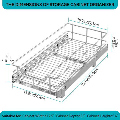 Pull Out Cabinet Organizer 15" W X 22" D, Chromed, Full Slide Out Drawers | For Kitchen Organizers and Storage, Pull Out Drawers For Cabinets Capacity Heavy Duty Caddy, Cabinet Shelves, Bathroom Pantry