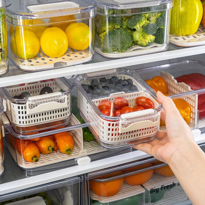 Felli Duo Fresh Produce Saver for Fridge, Fruit Vegetable Container with Vent & Drainage in Bottom for Wash, Colander Strainer Storage Bin for Refrigerator, Berry Lettuce Keeper