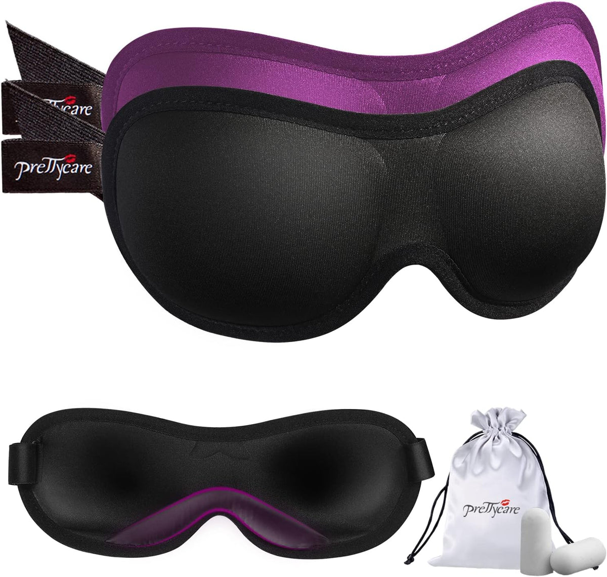PrettyCare 3D Sleep Mask 2 Pack,Eye Mask for Side Sleeper 3D Contoured Sleeping Mask Blackout Out for Men- Blindfold Airplane with Ear Plugs, Night Masks with Travel Bag (Black&Blue)