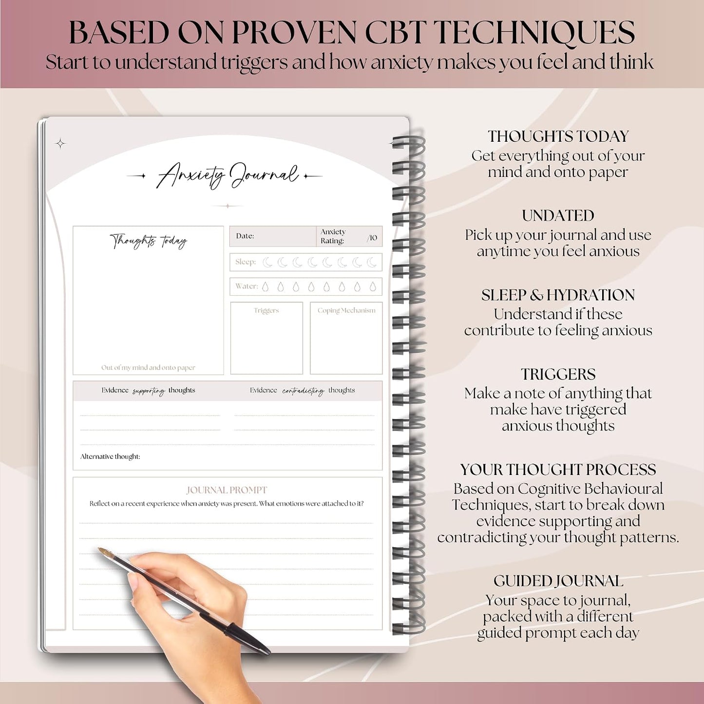 Templatables Anxiety Journal for Adults – CBT Therapy Workbook with Guided Prompts, Trigger Tracker, Sleep & Hydration Logs | Undated A5 Mental Health Notebook for Anxiety Relief & Stress Management