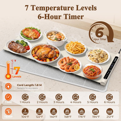 Warming Mat for Food, Electric Warming Tray with Heat-Resistant Pad-L Grey | Colorlife 6 Preset Modes, 7 Temps, 6H Timer, Child Lock, Auto-Memory, Rollable Silicone Food Warmer for Buffet, Parties