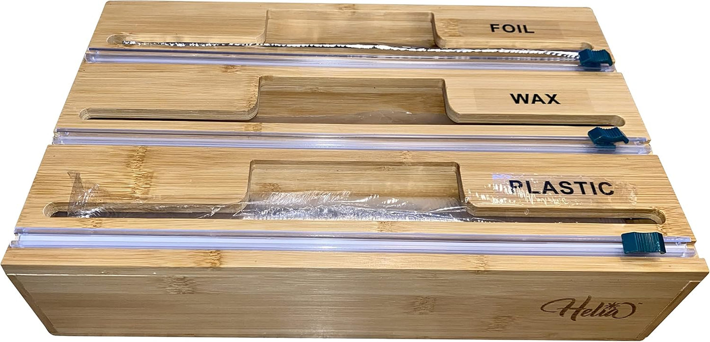 HELIA Bamboo Kitchen Wrap Organizer | Wall Mounting Solid Bamboo Foil and Plastic Wrap Dispenser with Sliding Cutters | Aluminum Foil and Plastic Wrap Dispenser with Cutter