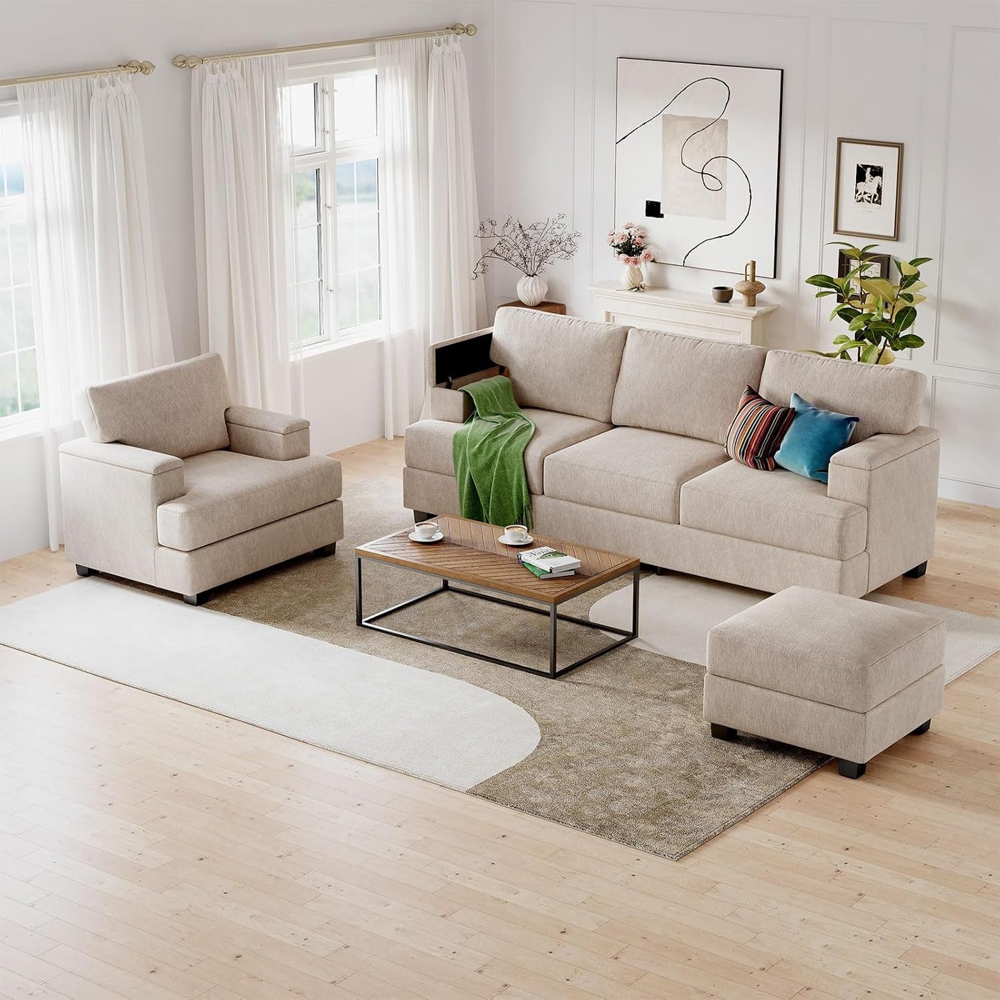 85'' L Shaped Couch with Armrest Organizer,Sectional,Movable Ottoman,Khaki | Comfy Sectional Sofa with Thick Cushion,3 Seats Sofas,Sectional Couches for Living Room,Bedroom,Apartment,Chenille