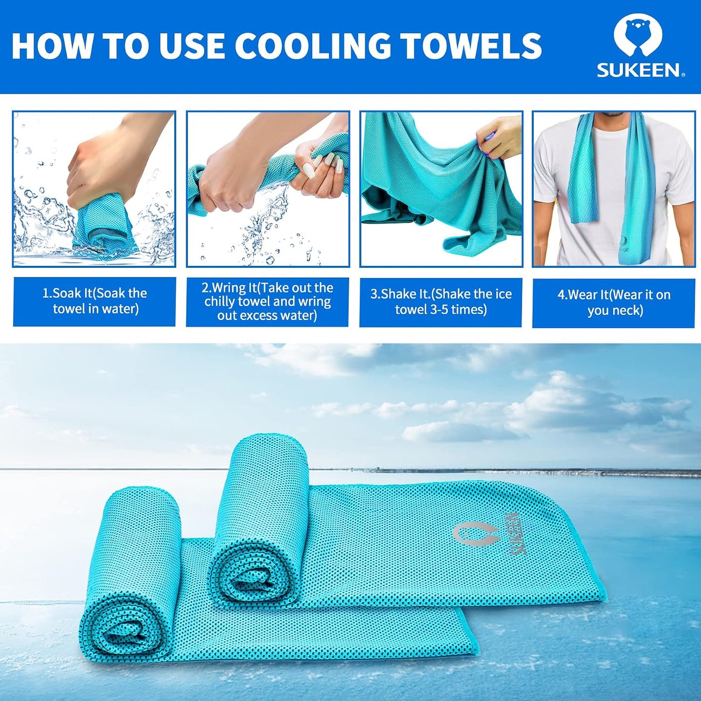 Sukeen 4 Pack Cooling Towels (40"x12") for Neck and Face Instant Cooling | Stay Cool in Hot Weather,Versatility,Soft,Breathable,Durability for Sports,Outdoor activities,Summer works in heat