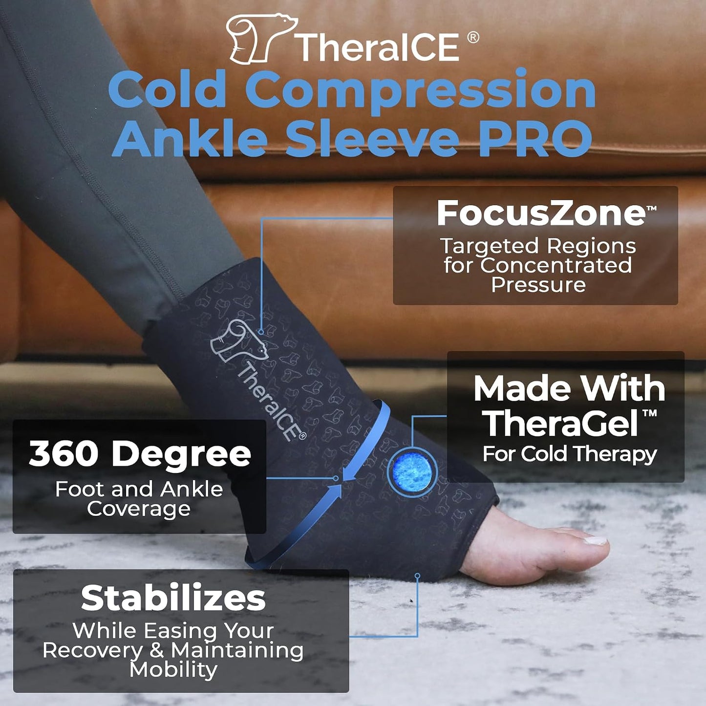 TheraICE Ankle Ice Pack Wrap, Achilles Tendonitis Brace, Plantar Fasciitis | Cold Therapy Compression Sleeve, Sock-Style Slip-On Fit for Women and Men, Eases Sprains, Swelling, Sore Feet and Heel