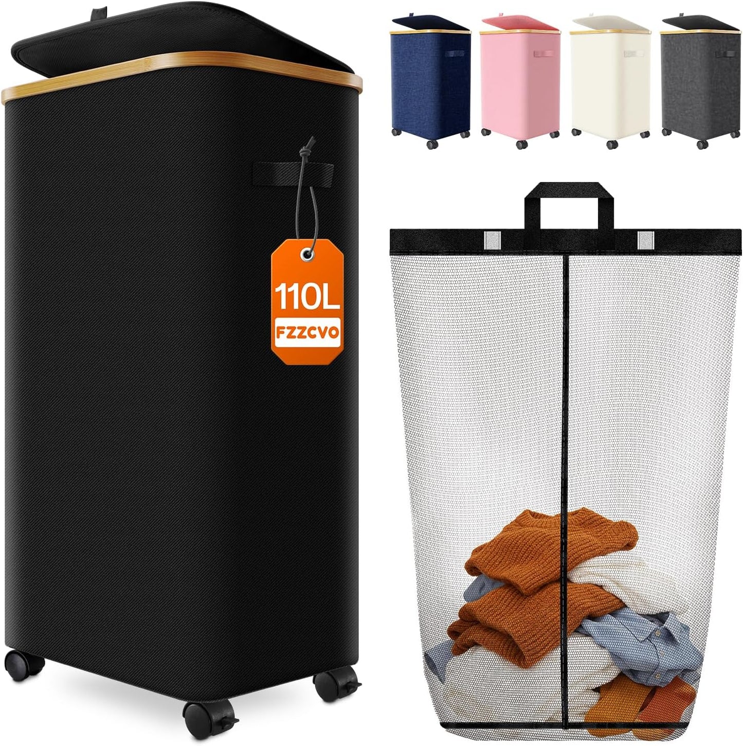 Double Laundry Basket with Wheels and Lid, 150L Clothes Hampers for Laundry | Large Laundry Hamper with 2 Sections & Removable Liner Bags, Rolling Dirty Clothes Basket for Bedroom Bathroom Dorm College