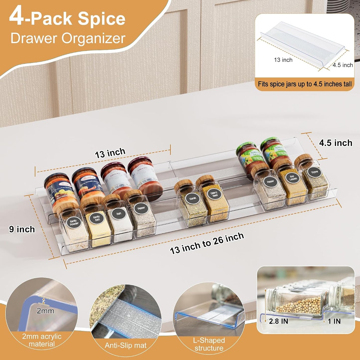 8-Pack Spice Drawer Organizer, Expandable Acrylic Seasoning Rack (13" to 26") with Anti-Slip Mat, Kitchen Spice Rack Holds up to 56 Jars (Jars Not Included)