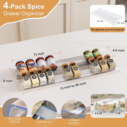 8-Pack Spice Drawer Organizer, Expandable Acrylic Seasoning Rack (13" to 26") with Anti-Slip Mat, Kitchen Spice Rack Holds up to 56 Jars (Jars Not Included)