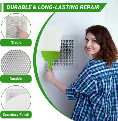 12 x 12 Inch Drywall Repair Kit – 4 Pcs Large Drywall Patch for Wall & Ceiling Holes, Heavy-Duty Aluminum Self-Adhesive Mesh, Includes Plastic Drop Cloths, Scrapers, Sandpaper & Gloves - Quick Fix