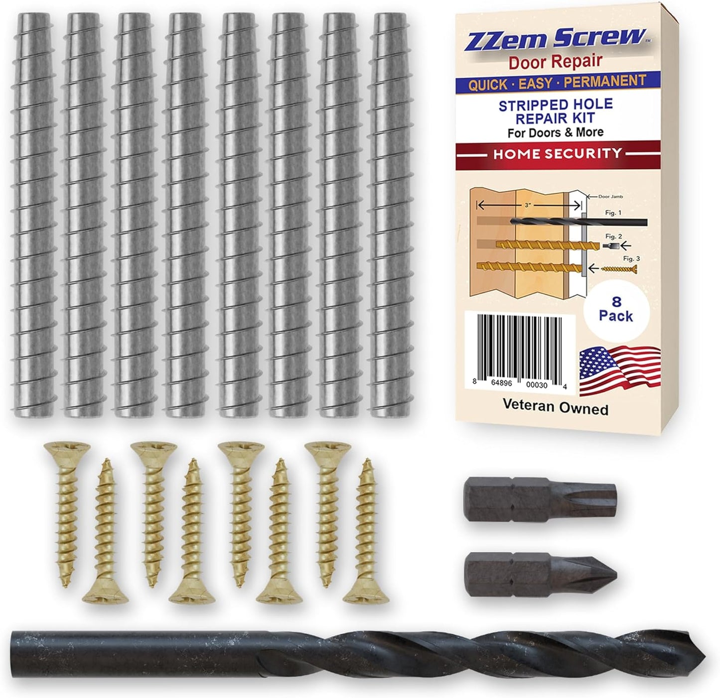 4-Pack #9 x 3 Permanent Stripped Door Hinge Screw Hole Repair Kit | Reinforces hinges, strike plates and door jambs. Installs in minutes. Made in USA