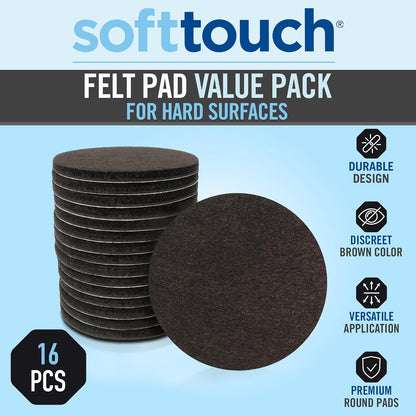 SoftTouch Assorted Size Round Mini Self-Stick Furniture Slider Felt Pads for Hard Surfaces, Noise-Reducing Adhesive Furniture Moving Pads for Beds, Sofas, Dressers, 46-Count, Brown