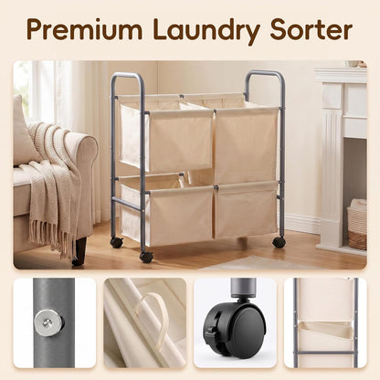 130L Laundry Hamper with Wheels, 3 Section Laundry Sorter Cart with Removable Bags, Rolling Clothes Hamper with Waterproof Lining, Sturdy Freestanding Canvas Laundry Basket for Laundry Room, Beige