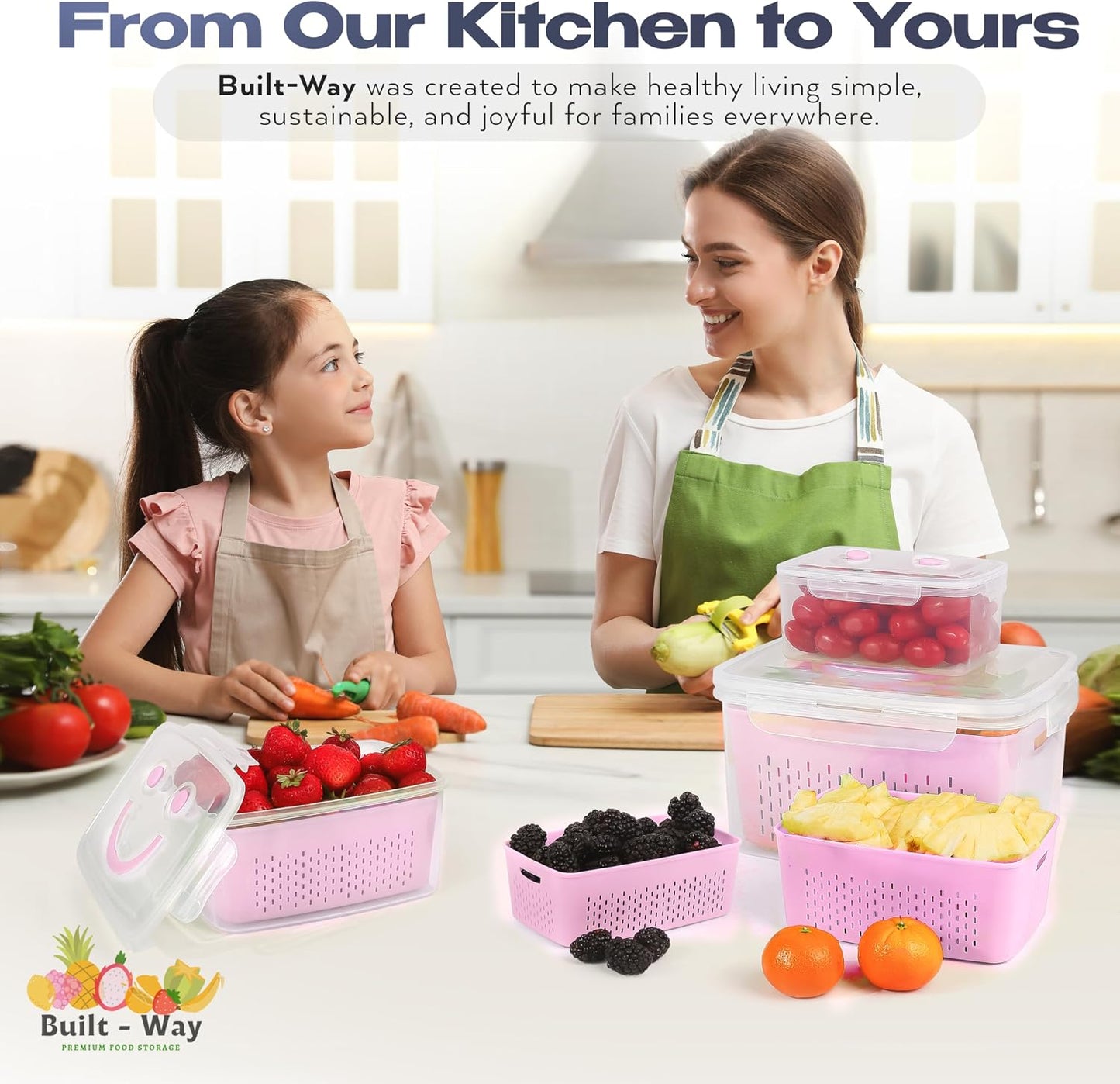 Fruit Storage Containers for Fridge - Set of 4 - Airtight Lid Keeps Fresh - For Fruit & Vegetable Storage - Space-Saving Design - Ideal for Produce, Berries, Snacks - Pink