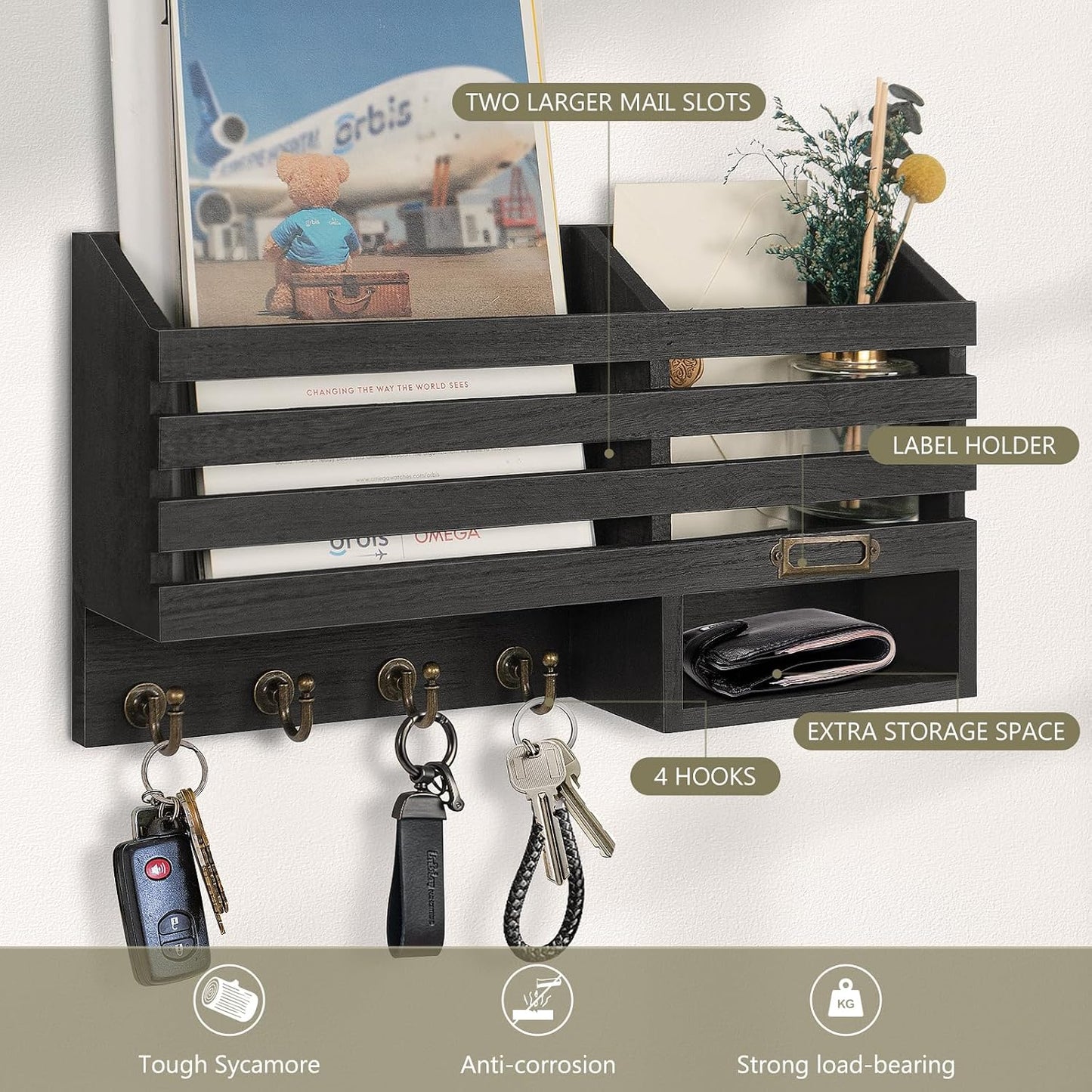 FifthQuarter Key and Mail Holder Wall Mount with Drawer and 6 Sturdy Hooks | Cute Rustic Farmhouse Wooden Key Hanger, Reliable Entryway Organizer for Keys and Daily Essential, Easy Installation, A-White