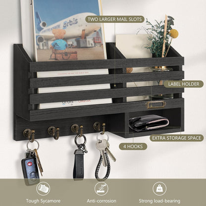 FifthQuarter Key and Mail Holder Wall Mount with Drawer and 6 Sturdy Hooks | Cute Rustic Farmhouse Wooden Key Hanger, Reliable Entryway Organizer for Keys and Daily Essential, Easy Installation, A-White