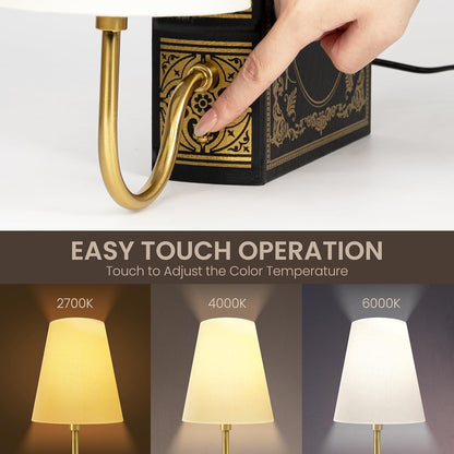 AELS Solid Wood Bookshelf Lamp with Bulb, Cordless Rechargeable Touch Dimmable Table Lamp with Linen Fabric Shade, Modern Decorative Bookend Lamp for Bedroom, Office & Bookshelf Decor, Dark Brown
