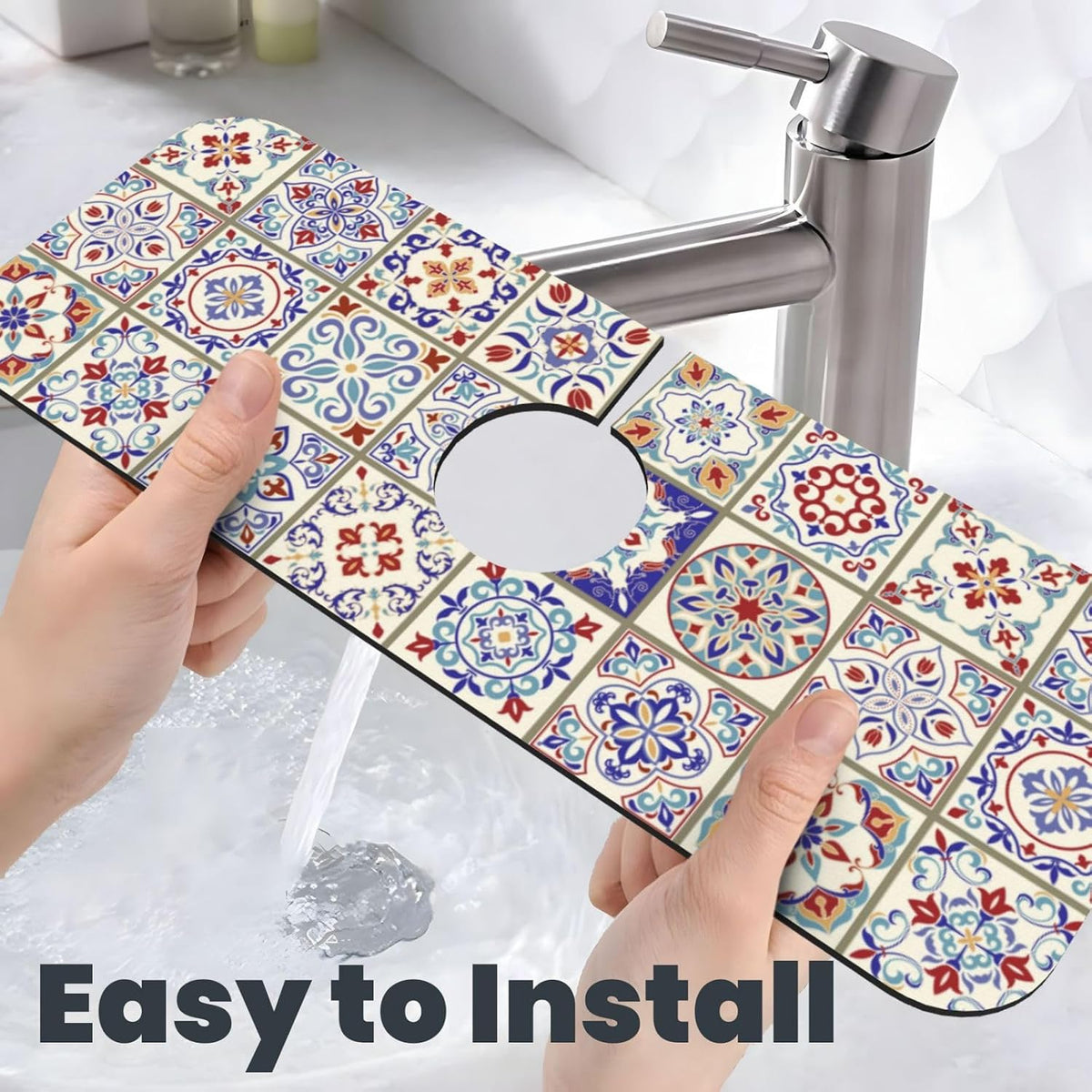 Aquamarine Blue Mexican Tiles Faucet Splash Guard Mat for Kitchen Sink 15x5.5" - Colors B
