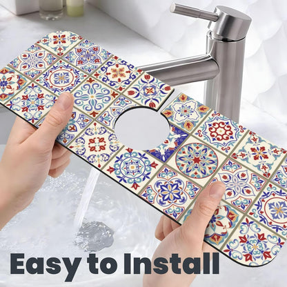 Aquamarine Blue Mexican Tiles Faucet Splash Guard Mat for Kitchen Sink 15x5.5" - Colors B