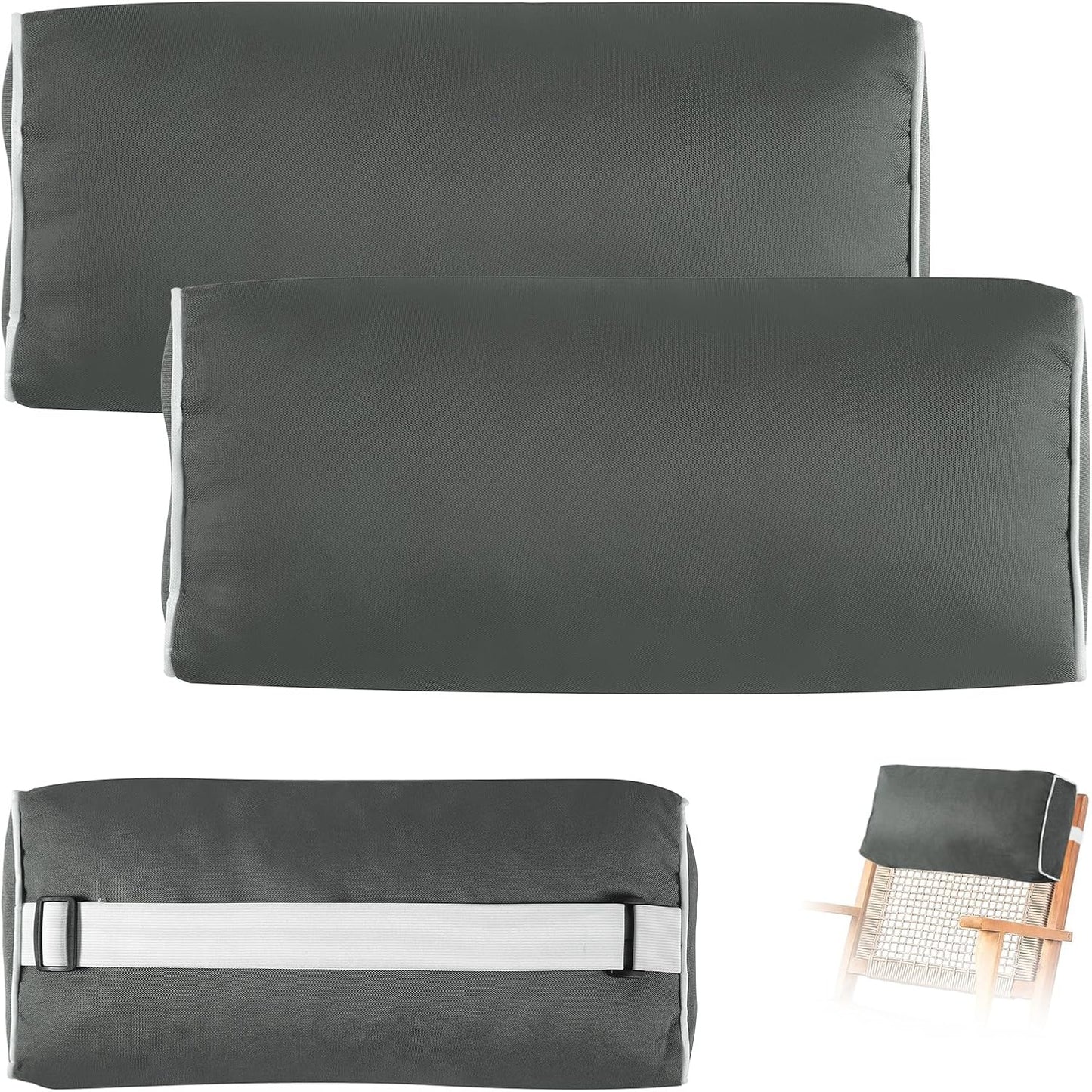 2 Pack Outdoor Chaise Lounge Head Pillow, Patio Pool Chair Pillows Water Resistant Headrest Pillow Lumbar Pillows with Insert and Adjustable Elastic Strap for Recliner Beach Chair, Dark Gray