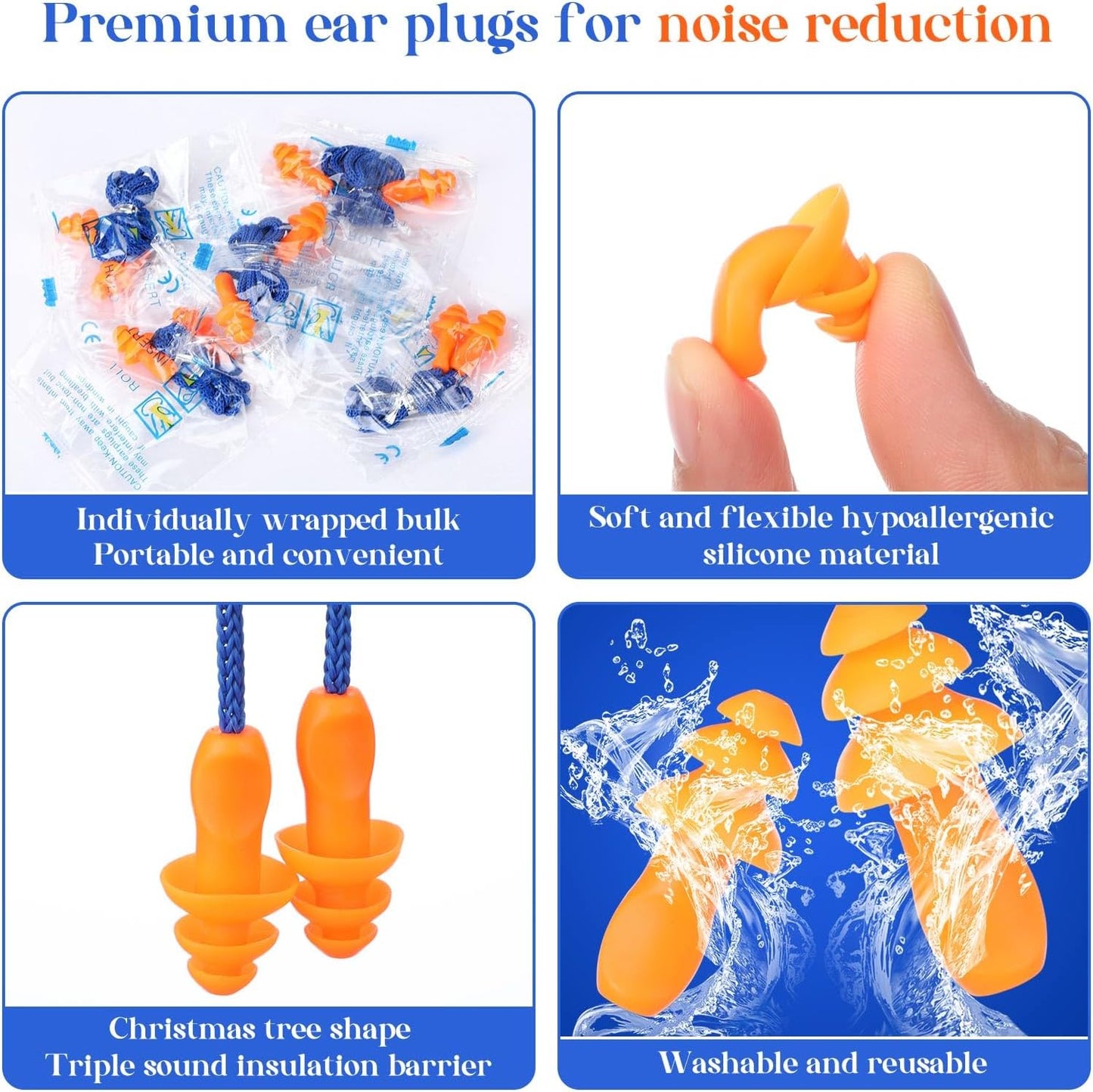 Relaxweex 500 Pairs Corded Ear Plugs Bulk 25dB NRR Reusable Silicone Ear Plug with String Individually Wrapped Earplugs for Sleeping Noise Reduction Hearing Protection Shooting Work (Blue Yellow)