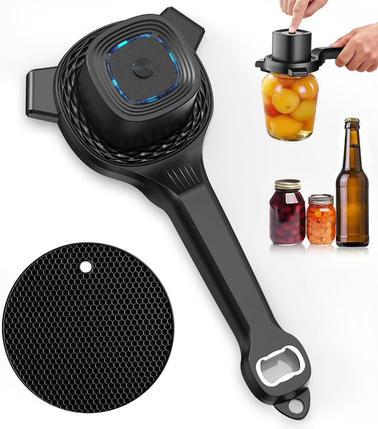 Electric Jar Opener for Seniors with Power-Clamp Technology, 2-in-1 Patent Automatic Jar & Bottle Opener Rechargeable 800mAh Hands-Free Opener with Bonus Anti-Slip Gripper Pad for Beer, Dressing, Jar