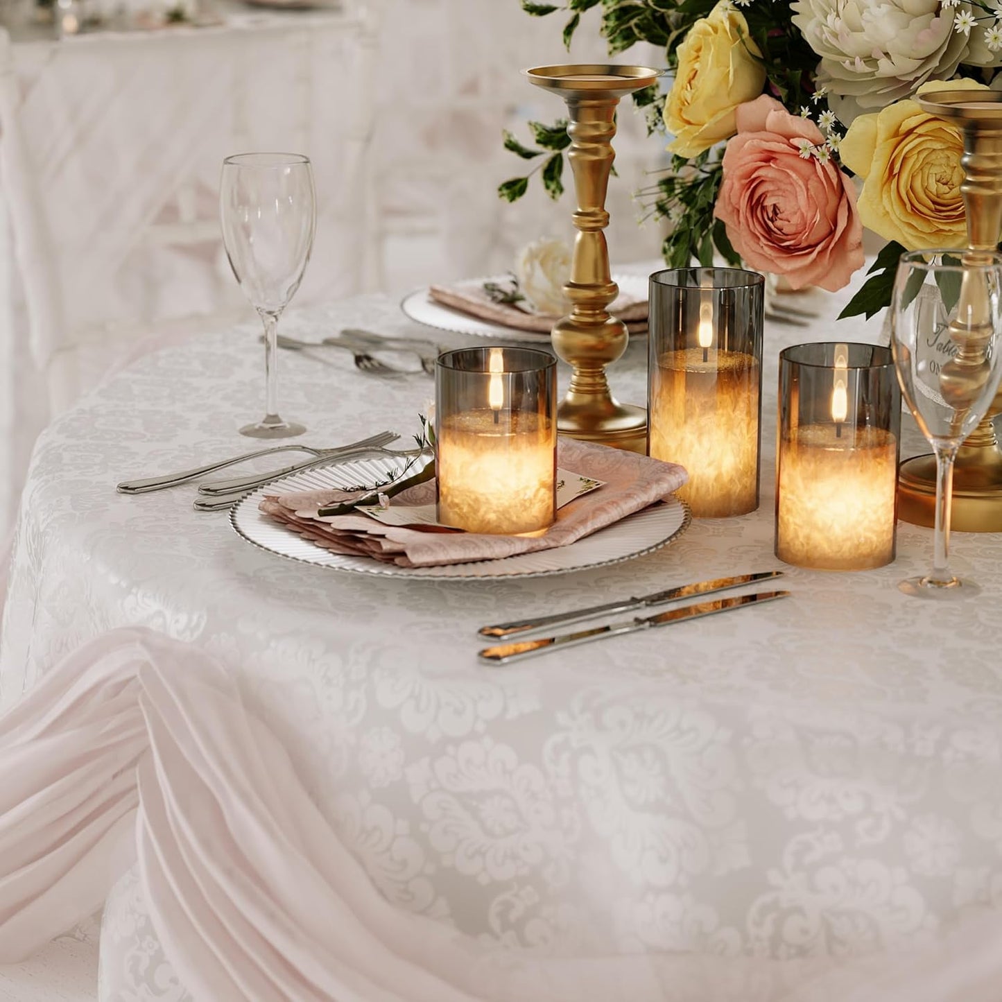 Battery Operated Flameless Candles with Remote & Timer, Gold Glass 3Pack | Real Wax Crystal Texture, D3×H4/5/6", 2/4/6/8H Timer, Dimming, Flickering Realistic LED Candles for Wedding Table Decor