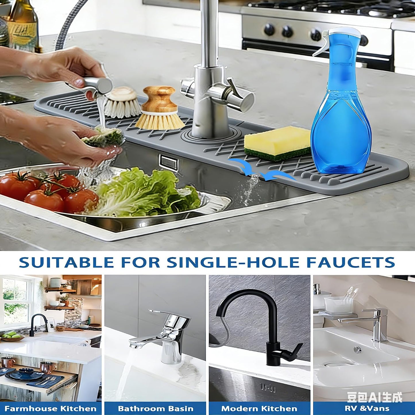 Kitchen Sink Splash Guard Gen2-30" x 6'' Silicone Sink Mat Splash Guard fit for Countertop, Bathroom,Farmhouse,RV by EBIGIC (Grey)