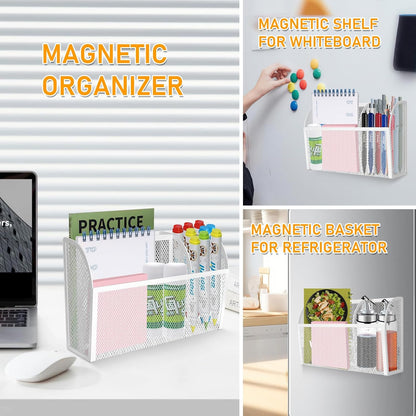 Magnetic Pencil Holder-Magnetic Basket for Fridge 3-Grid Mesh Magnetic Pen Holder for Refrigerator, Extra Strong Magnets Mesh Marker Holder Locker Accessories Organizer for Whiteboard