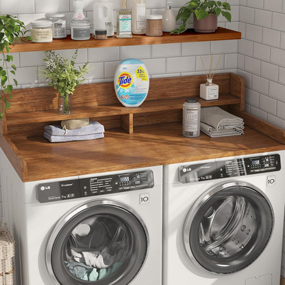 2-Tier Washer Dryer Countertop with 2.75" H Edge Rails, 54" W x 27.55" D Laundry Countertop for Folding Clothes, Washer and Dryer Topper with Non-Slip Pad (Dark Walnut)