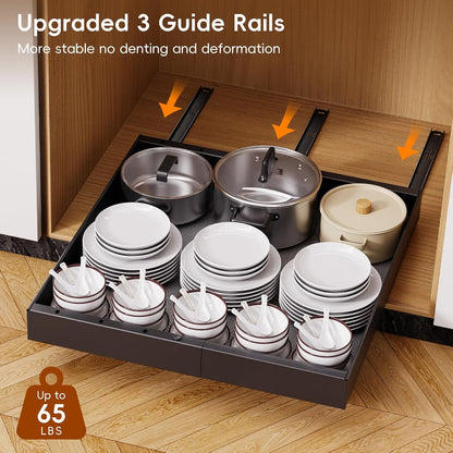 Pull Out Cabinet Organizer, 21"Deep Slide Out Drawers for Kitchen Cabinets | Adjustable Width 12.05"-20.4", For Framed/Frameless cabinets, No Drill Adhesive, 3‑Rail Smooth Glide, Height-Raising Pads