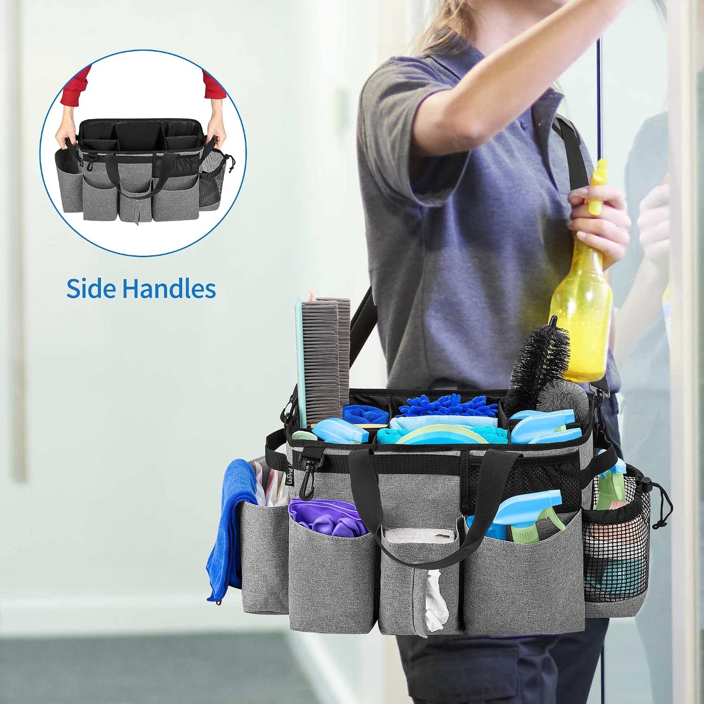 LoDrid Wearable Cleaning Caddy Bag with 4 Foldable Dividers, Black | Cleaning Supply Organizer with Shoulder Strap and Side Handles for Cleaners & Housekeepers