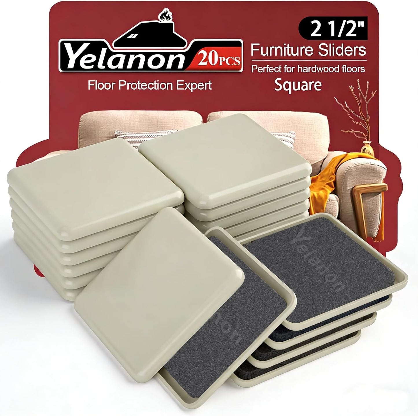 Furniture Sliders, 20 pcs-3 1/2” Square Beige Furniture Sliders for Carpet, Furniture Pads for Hardwoods Floors，Furniture Movers Sliders, Reusable Moving Pads, Floor Protectors for Carpet