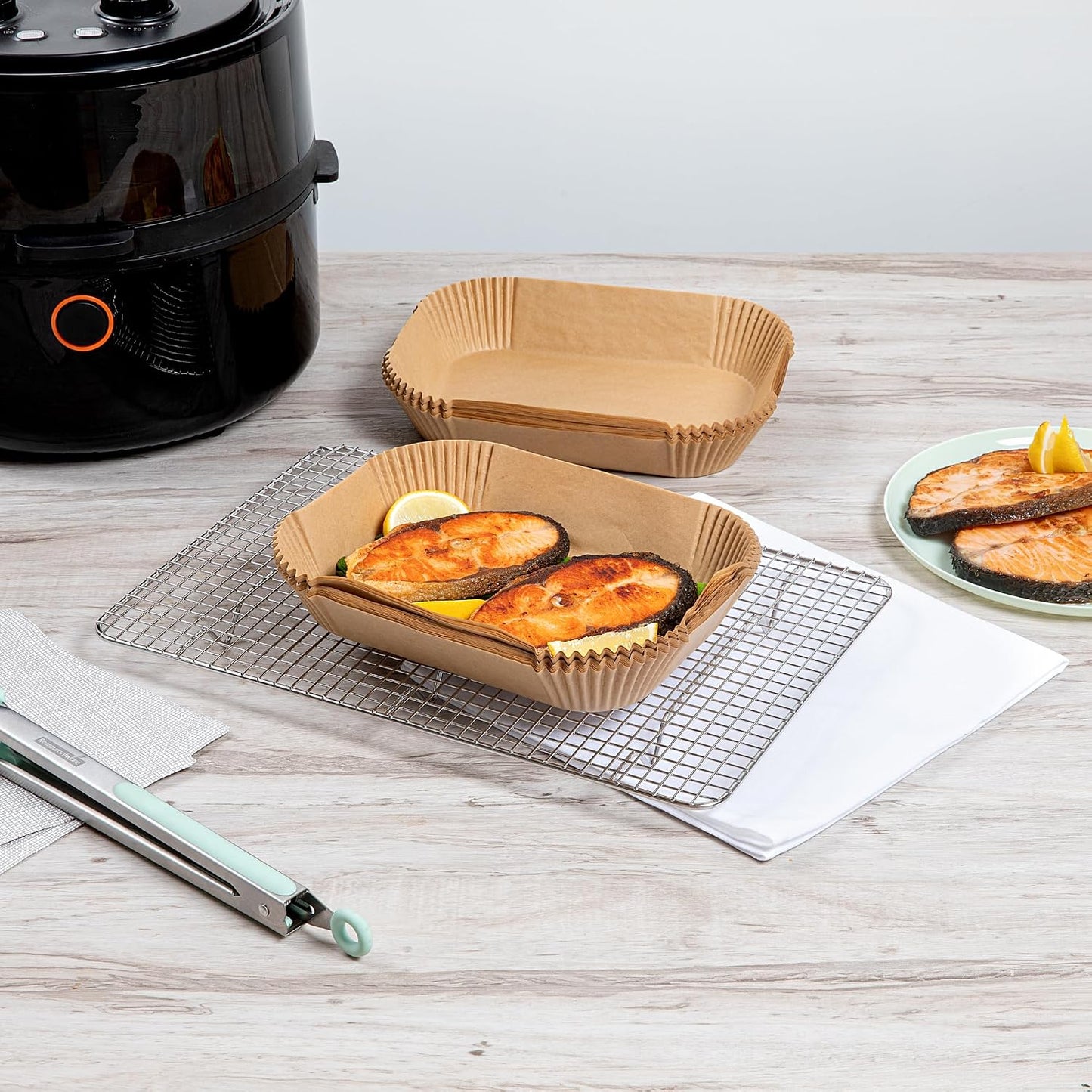 Restaurantware-Pastry Tek 8.1 x 5.5 x 1.8 Inch Air Fryer Liners, 100 Rectangle Air Fryer Baskets - No-Stick Silicone Coating, Unbleached, Food-Grade Paper Liners, For Steamer, Microwave, Oven